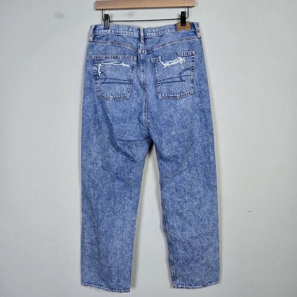 American Eagle Womens Baggy High Rise Jeans Size 12 Short Blue Distressed Grunge - Picture 2 of 8